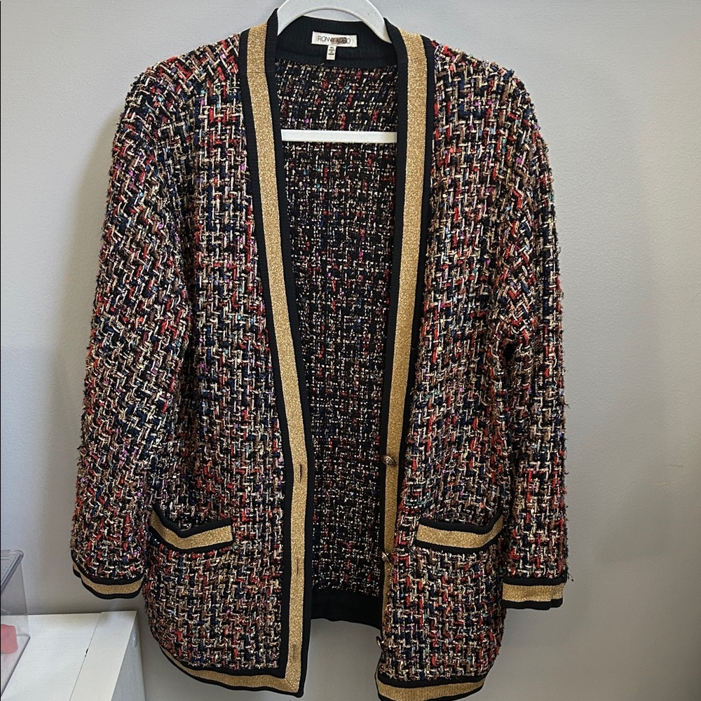 Ronny Kobo Women's Multicolor Tweed Cardigan with Gold Accents